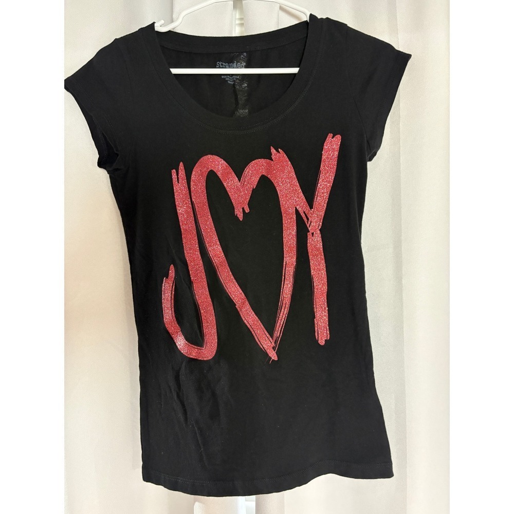 Stranded Womens Black Joy Red Glitter Heart Large Cotton Tee WC0011